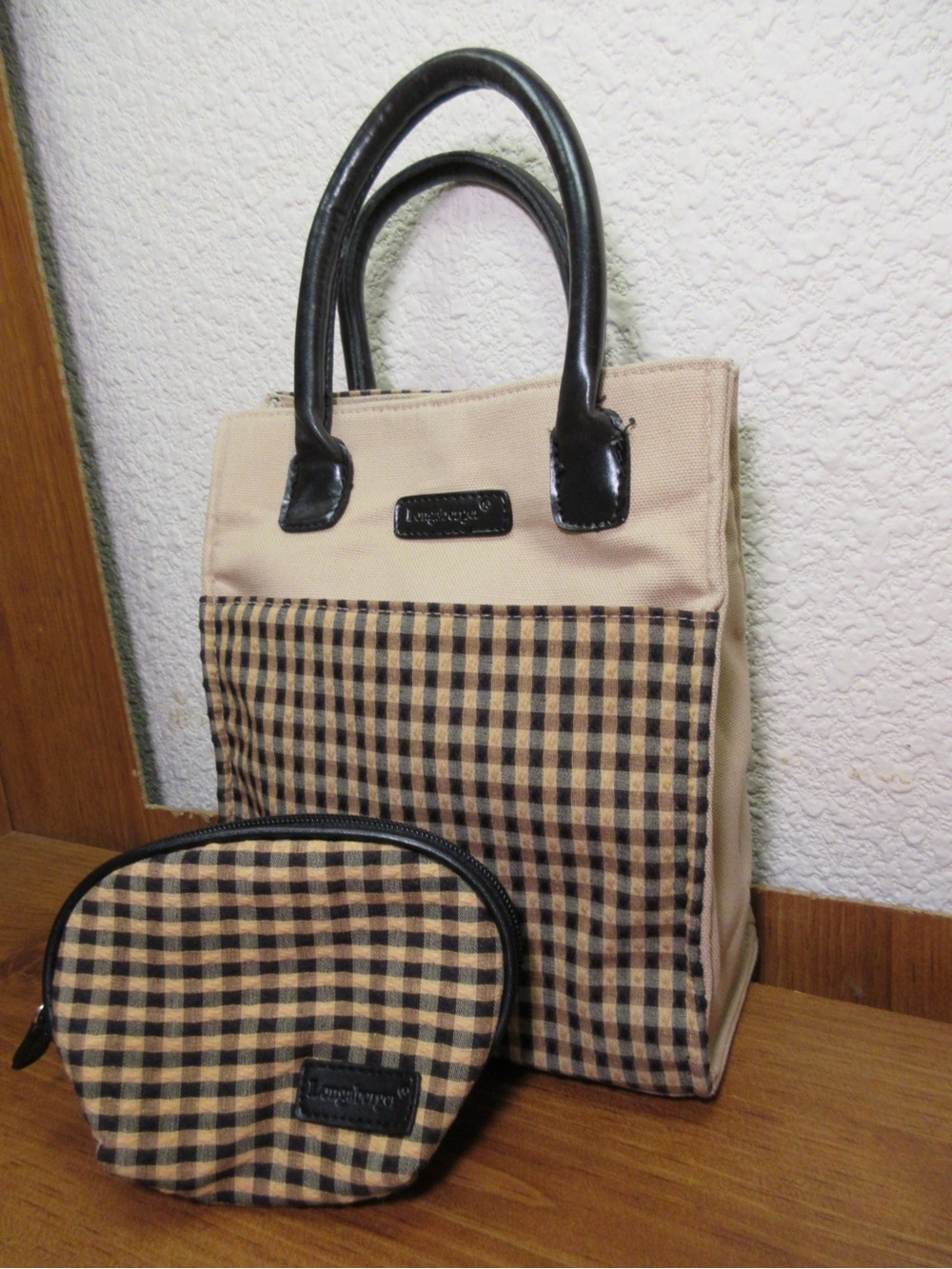 Longaberger Beige and Black Check Tote with Matching Pouch